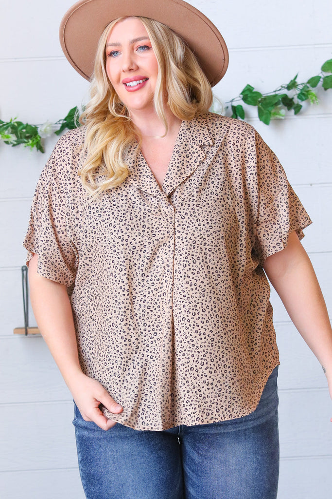 Cheetah Animal Print Collared V Neck Woven Dolman Top-Timber Brooke Boutique, Online Women's Fashion Boutique in Amarillo, Texas
