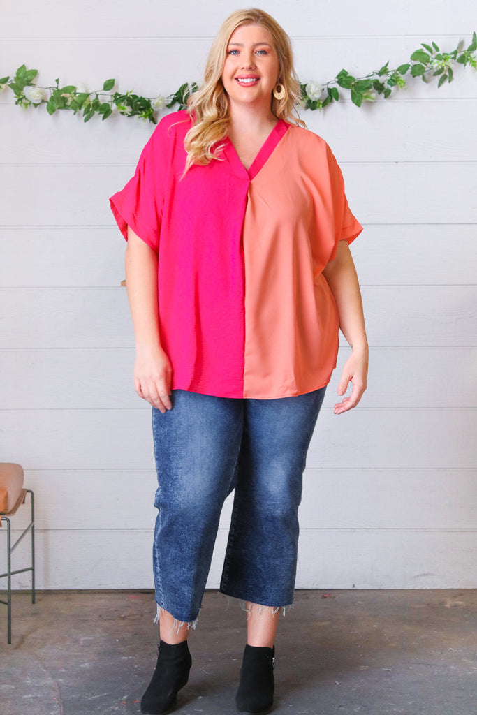 Peach & Magenta Color Block V Neck Crepe Top-Timber Brooke Boutique, Online Women's Fashion Boutique in Amarillo, Texas