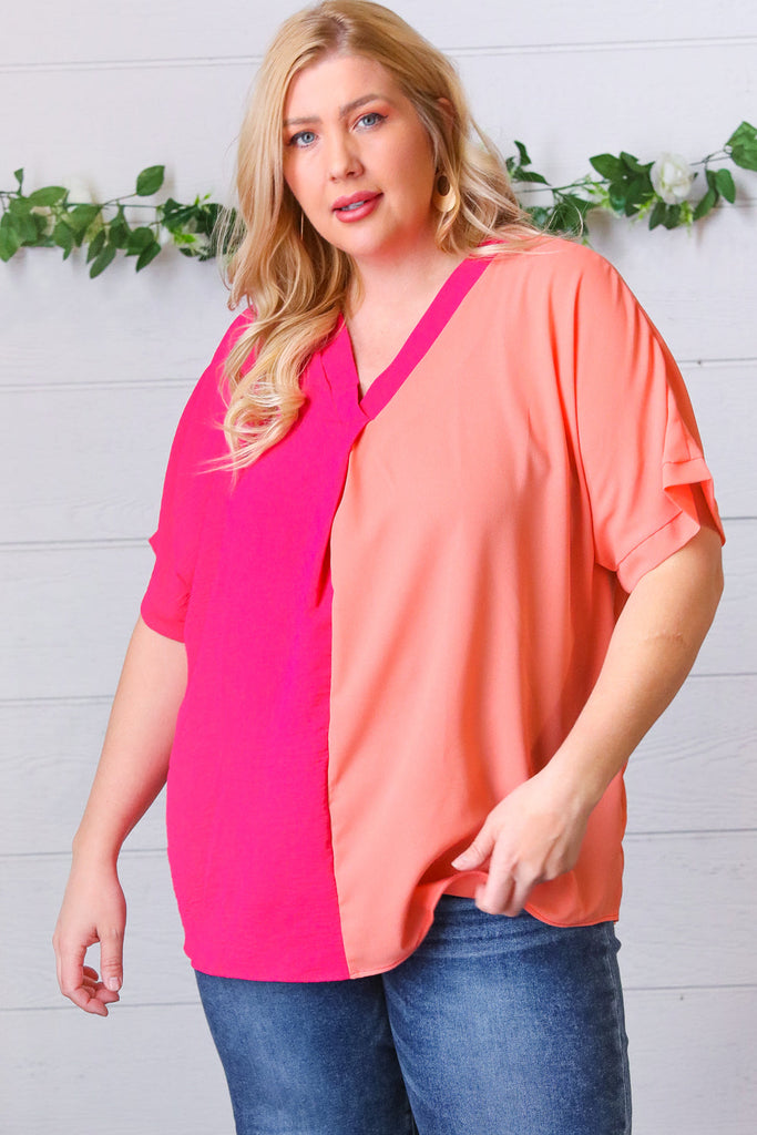 Peach & Magenta Color Block V Neck Crepe Top-Timber Brooke Boutique, Online Women's Fashion Boutique in Amarillo, Texas