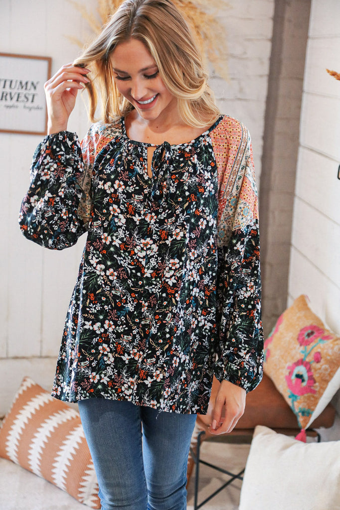 Boho Floral Ethnic Print Front Tie Woven Blouse-Timber Brooke Boutique, Online Women's Fashion Boutique in Amarillo, Texas