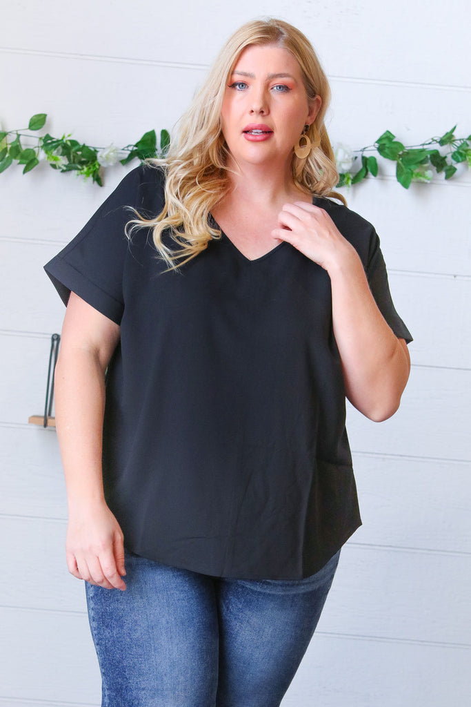 Black Woven V Neck Dolman Short Sleeve Top-Timber Brooke Boutique, Online Women's Fashion Boutique in Amarillo, Texas