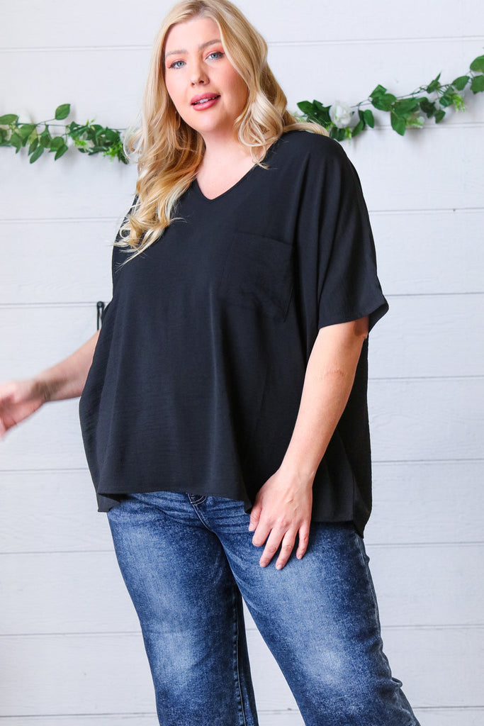 Black Woven V Neck Dolman Short Sleeve Top-Timber Brooke Boutique, Online Women's Fashion Boutique in Amarillo, Texas