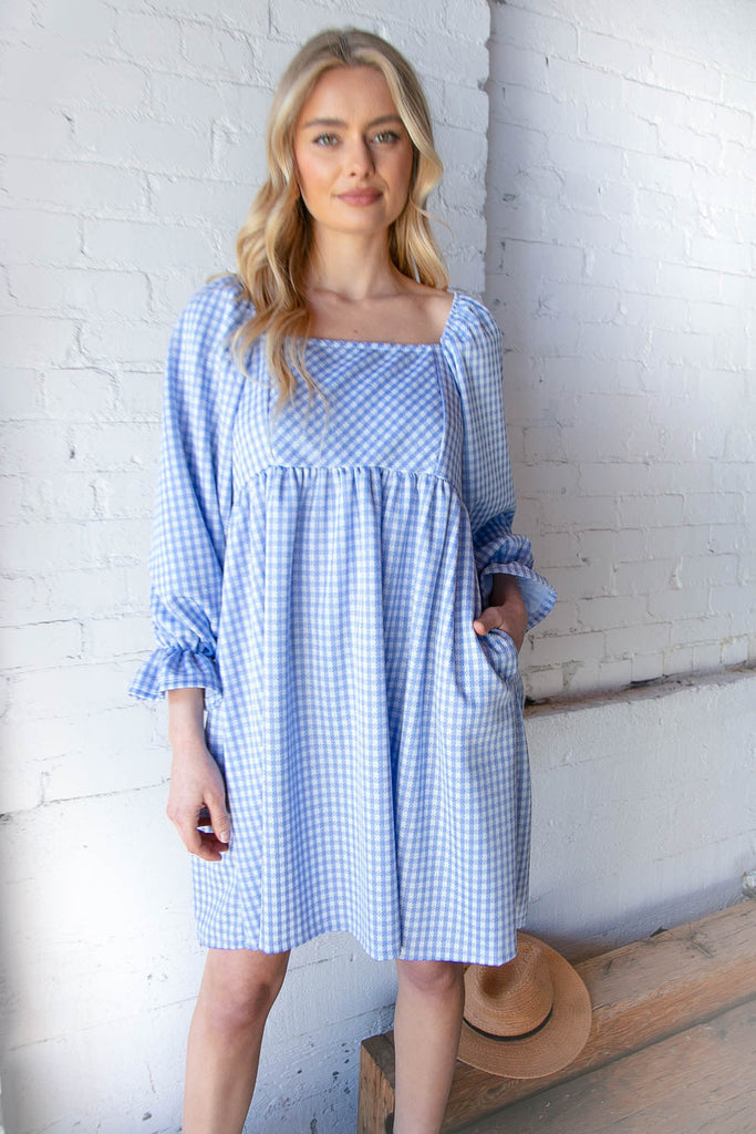 Blue Jacquard Plaid Square Neck Ruffle Sleeve Dress-Timber Brooke Boutique, Online Women's Fashion Boutique in Amarillo, Texas