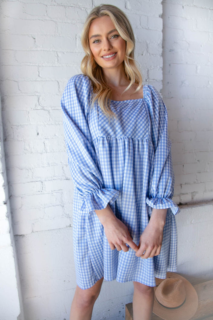 Blue Jacquard Plaid Square Neck Ruffle Sleeve Dress-Timber Brooke Boutique, Online Women's Fashion Boutique in Amarillo, Texas