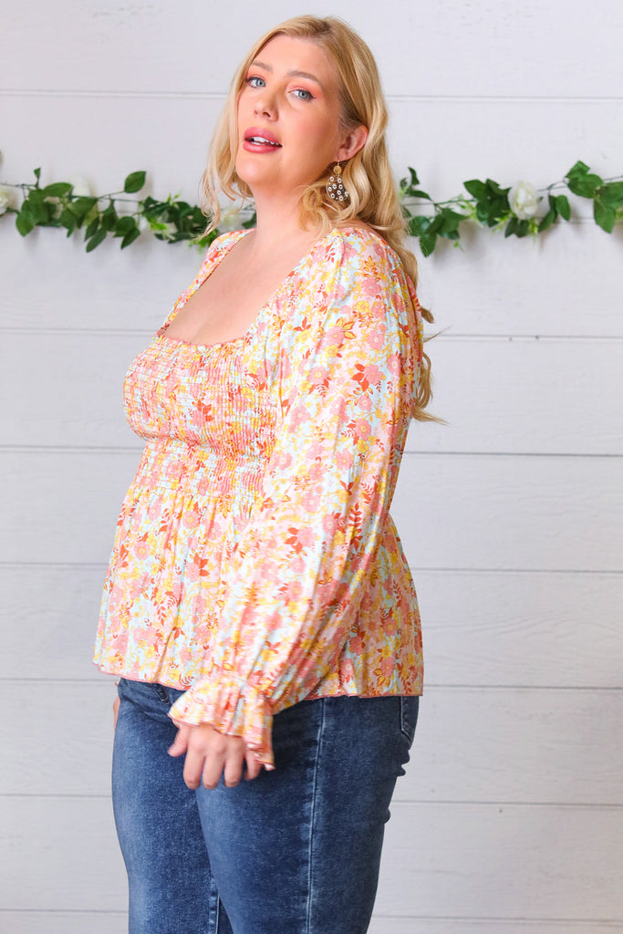 Peach/Teal Floral Square Neck Smocked Challis Blouse-Long Sleeve Tops-Timber Brooke Boutique, Online Women's Fashion Boutique in Amarillo, Texas