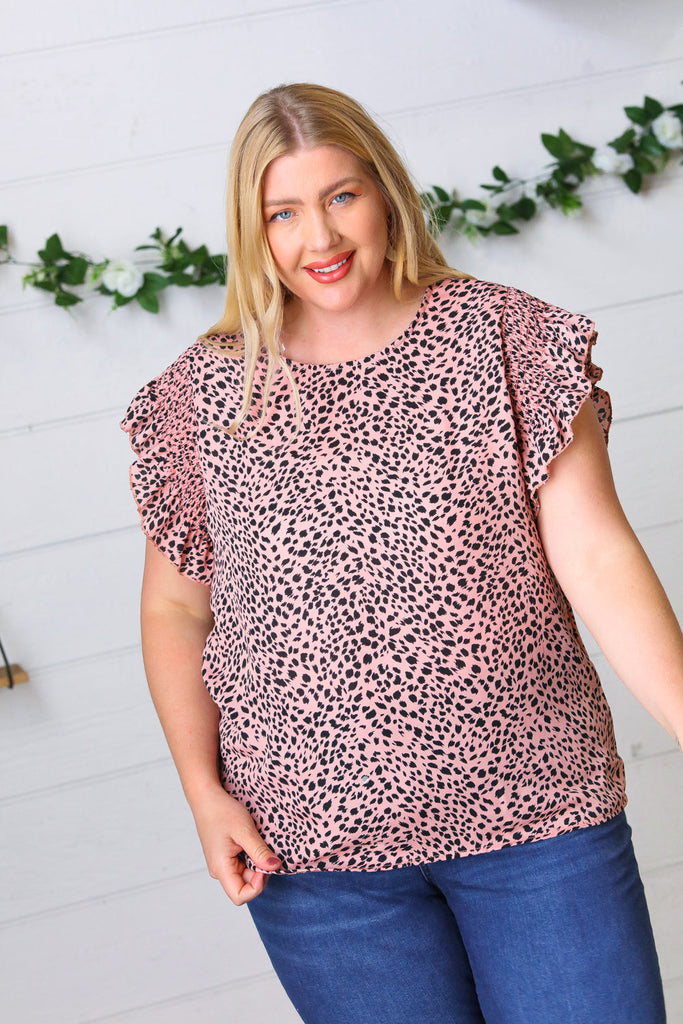 Blush Leopard Print Smoked Ruffle Button Keyhole Blouse-Short Sleeve Top-Timber Brooke Boutique, Online Women's Fashion Boutique in Amarillo, Texas