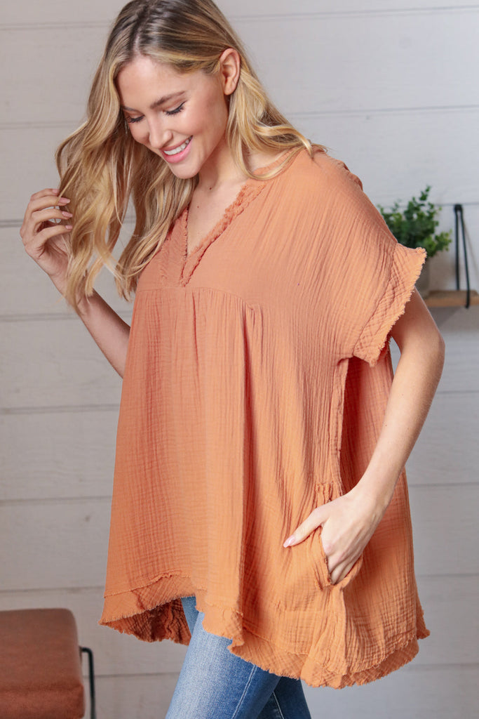 Butter Cotton Banded V Neck Frayed Pocketed Top-Timber Brooke Boutique, Online Women's Fashion Boutique in Amarillo, Texas
