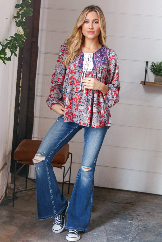 Blue/Rust Boho Eyelet Lace Up Babydoll Blouse-Timber Brooke Boutique, Online Women's Fashion Boutique in Amarillo, Texas
