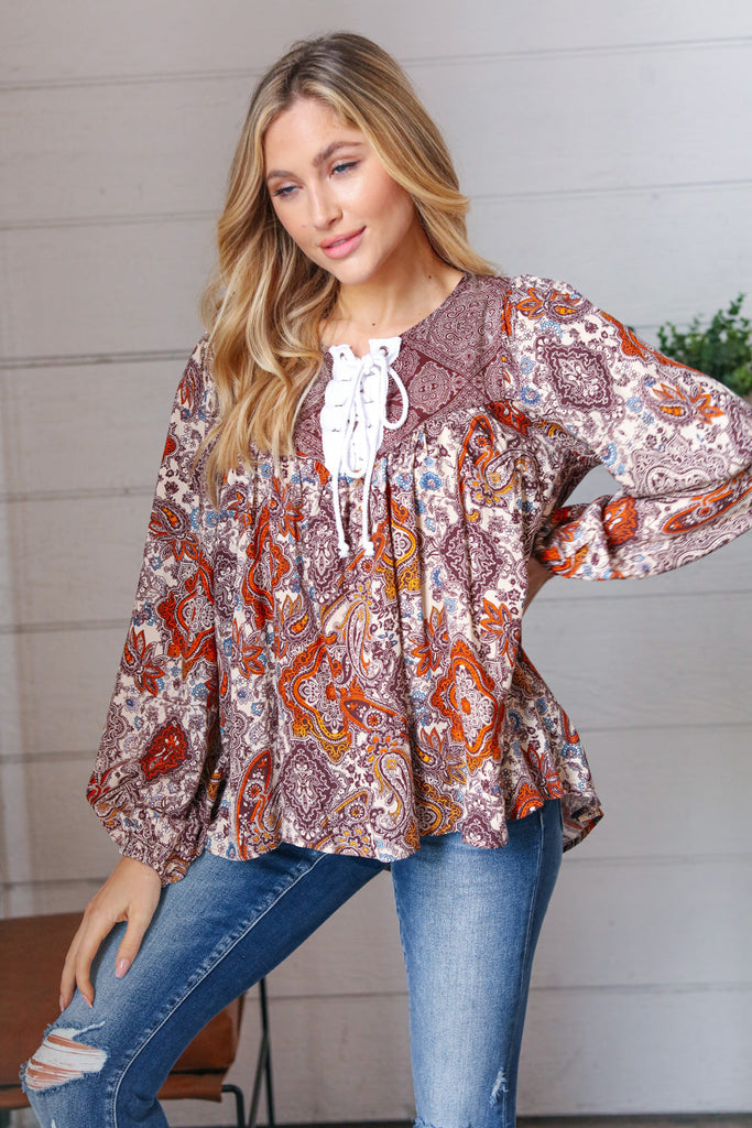 Cinnamon Boho Eyelet Lace Up Babydoll Blouse-Timber Brooke Boutique, Online Women's Fashion Boutique in Amarillo, Texas