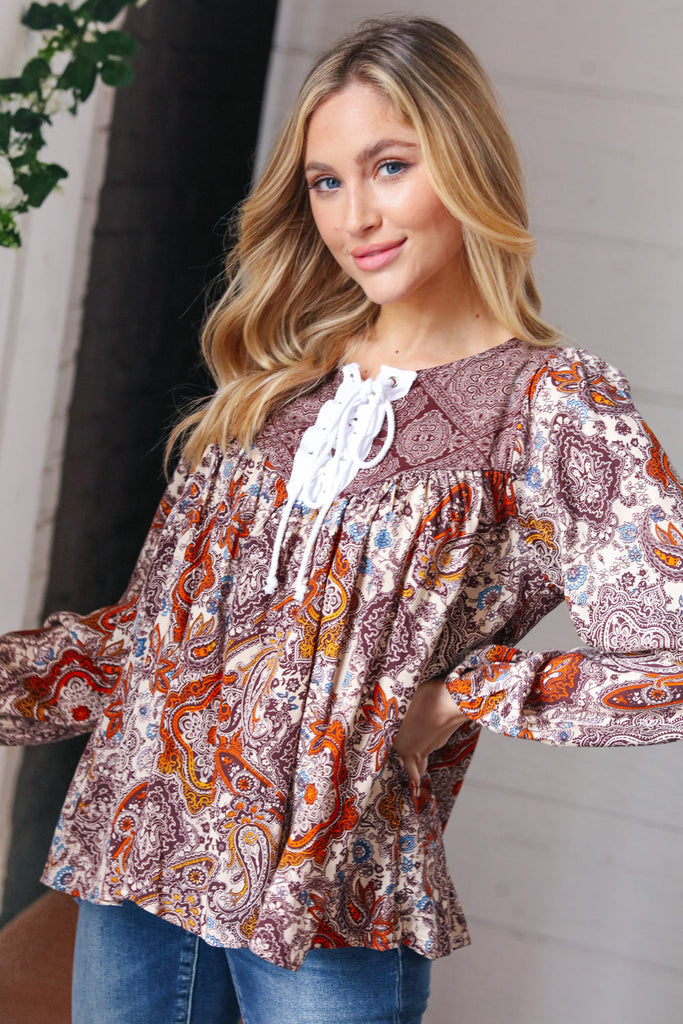 Cinnamon Boho Eyelet Lace Up Babydoll Blouse-Timber Brooke Boutique, Online Women's Fashion Boutique in Amarillo, Texas