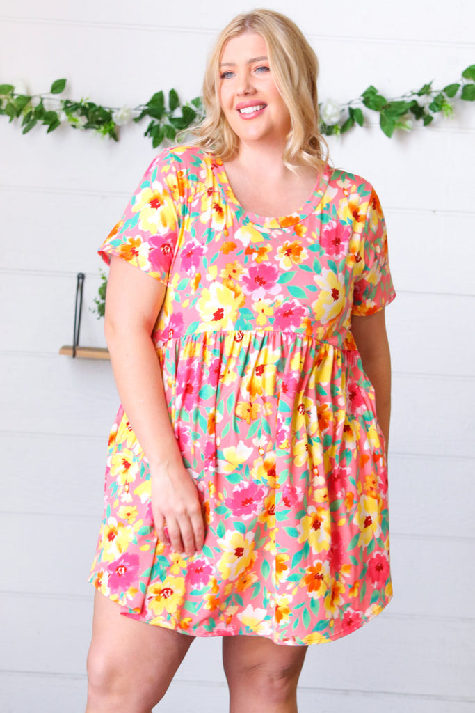 Coral Floral Babydoll Fit and Flare Dress-Dresses-Timber Brooke Boutique, Online Women's Fashion Boutique in Amarillo, Texas