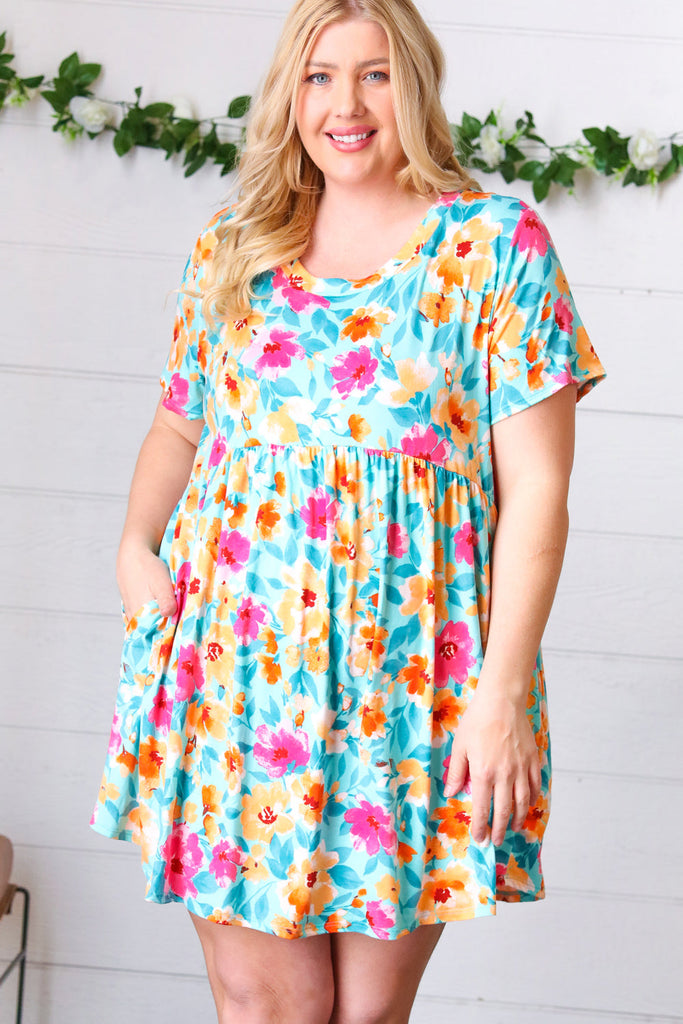 Teal & Magenta Floral Babydoll Fit and Flare Dress-Dresses-Timber Brooke Boutique, Online Women's Fashion Boutique in Amarillo, Texas
