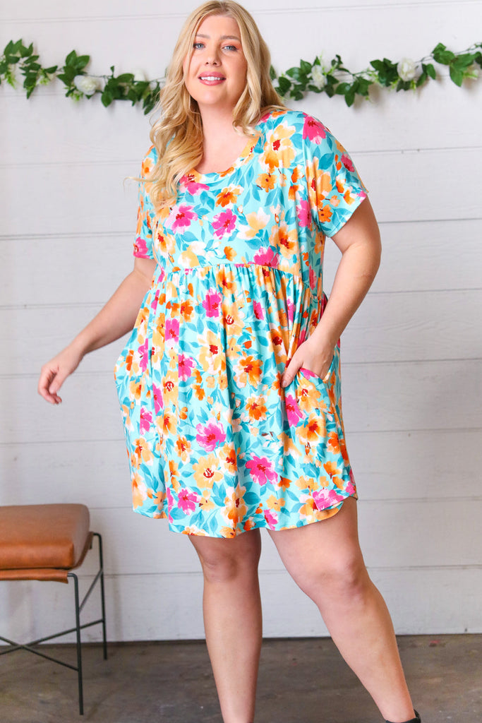 Teal & Magenta Floral Babydoll Fit and Flare Dress-Dresses-Timber Brooke Boutique, Online Women's Fashion Boutique in Amarillo, Texas