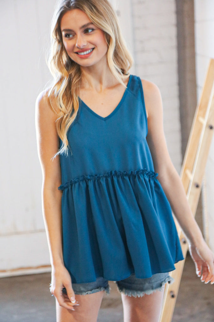 Azure Blue V Neck Sleeveless Ruffle Frill Tunic-Timber Brooke Boutique, Online Women's Fashion Boutique in Amarillo, Texas