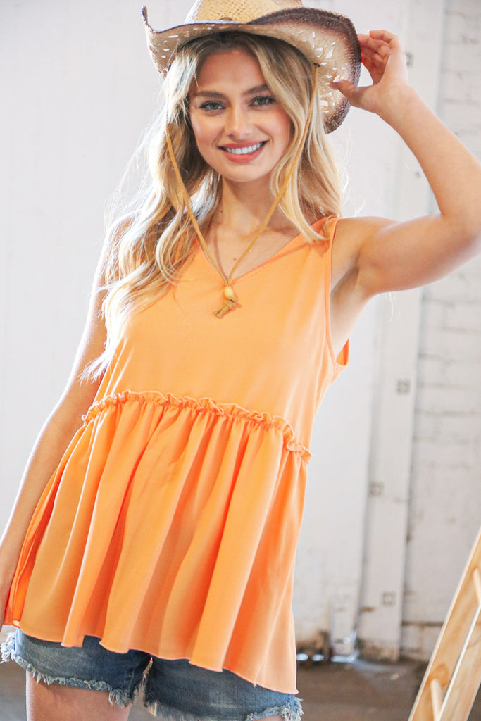 Peach V Neck Sleeveless Ruffle Frill Tunic-Timber Brooke Boutique, Online Women's Fashion Boutique in Amarillo, Texas