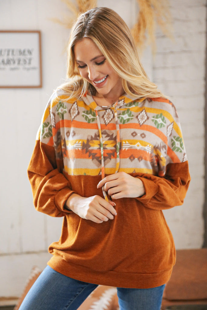 Rust Aztec Hacci Color Block Hoodie-Timber Brooke Boutique, Online Women's Fashion Boutique in Amarillo, Texas