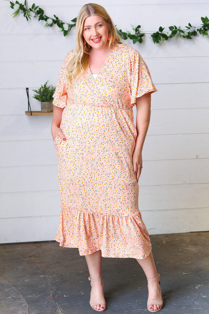 Peach Floral Surplice Elastic Waist Ruffle Maxi Dress-Dresses-Timber Brooke Boutique, Online Women's Fashion Boutique in Amarillo, Texas