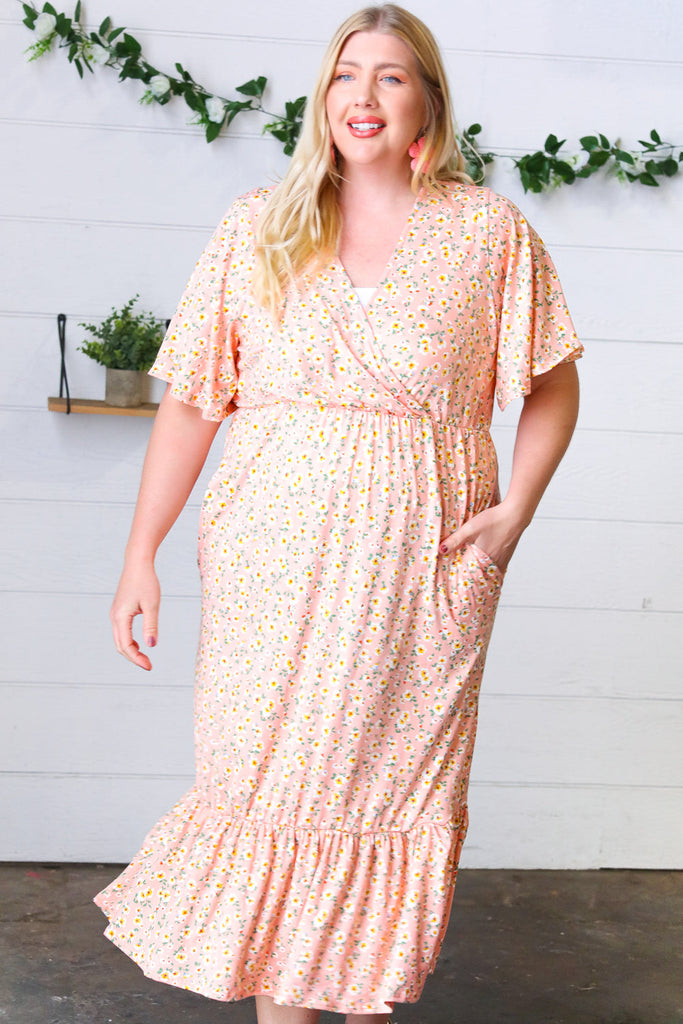Peach Floral Surplice Elastic Waist Ruffle Maxi Dress-Dresses-Timber Brooke Boutique, Online Women's Fashion Boutique in Amarillo, Texas