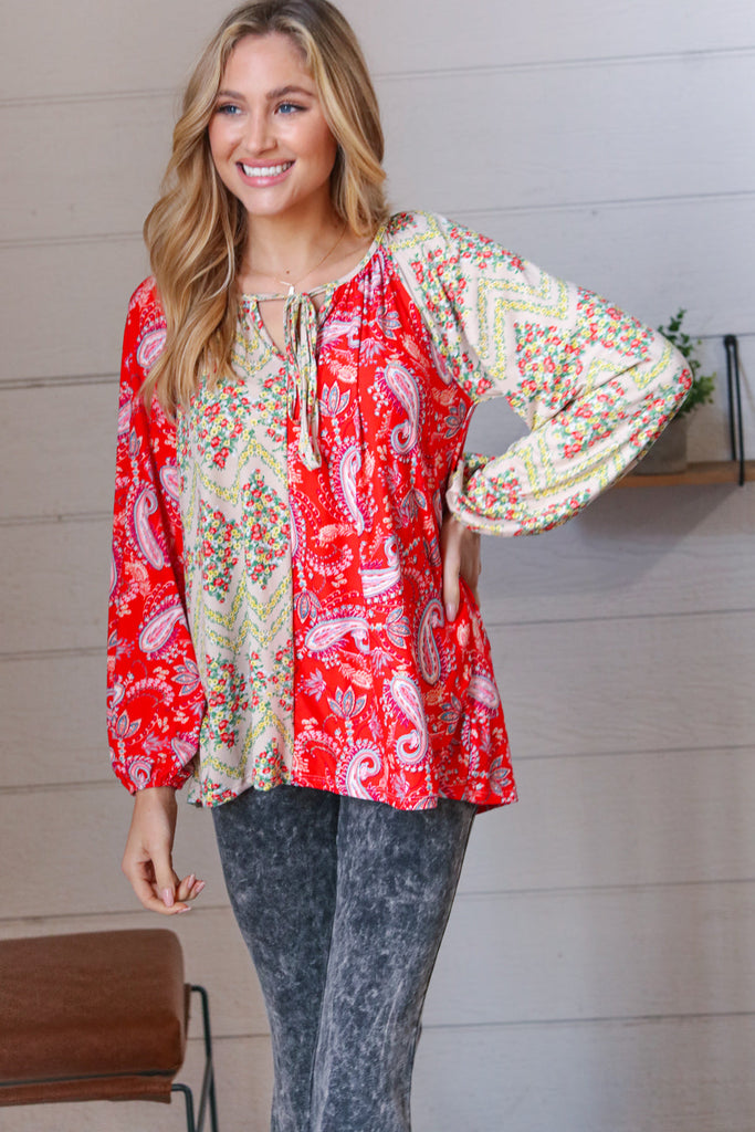 Scarlet Paisley and Floral Chevron Bubble Sleeve Top-Timber Brooke Boutique, Online Women's Fashion Boutique in Amarillo, Texas