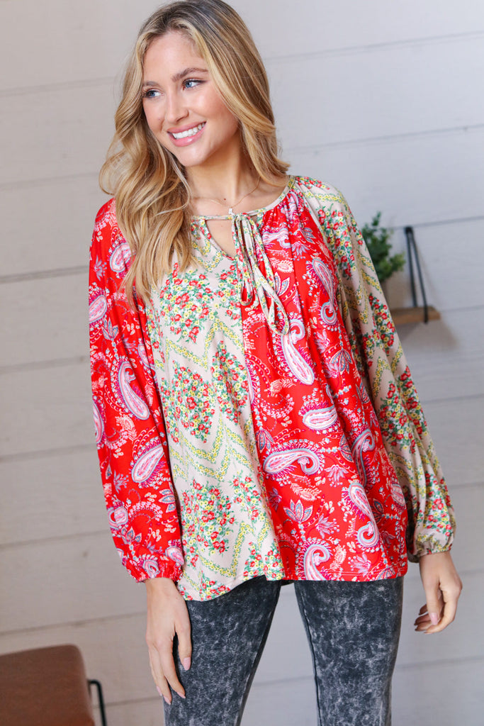 Scarlet Paisley and Floral Chevron Bubble Sleeve Top-Timber Brooke Boutique, Online Women's Fashion Boutique in Amarillo, Texas