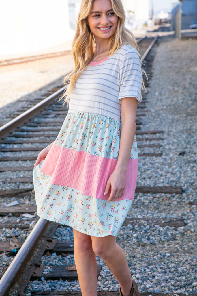 Floral and Stripe Color Block Fit and Flare Rib Dress-Timber Brooke Boutique, Online Women's Fashion Boutique in Amarillo, Texas