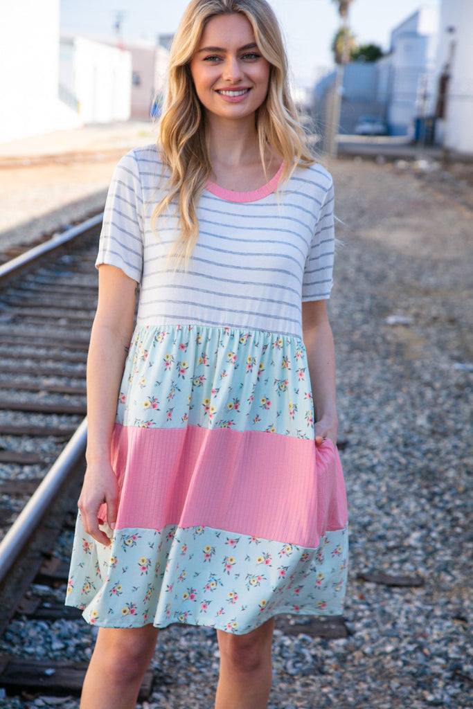 Floral and Stripe Color Block Fit and Flare Rib Dress-Timber Brooke Boutique, Online Women's Fashion Boutique in Amarillo, Texas