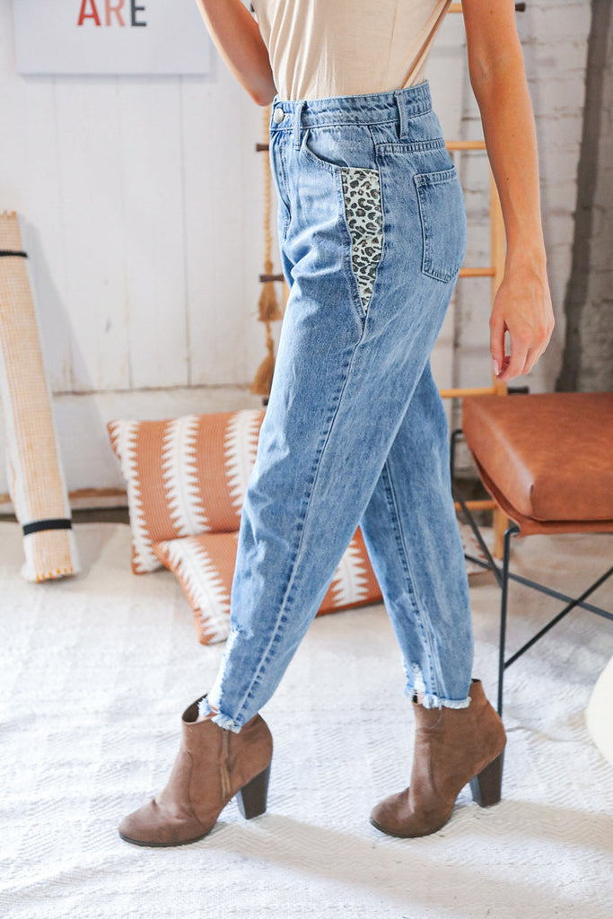 High Waist Leopard Print Washed Pocketed Ankle Torn Jeans-Timber Brooke Boutique, Online Women's Fashion Boutique in Amarillo, Texas