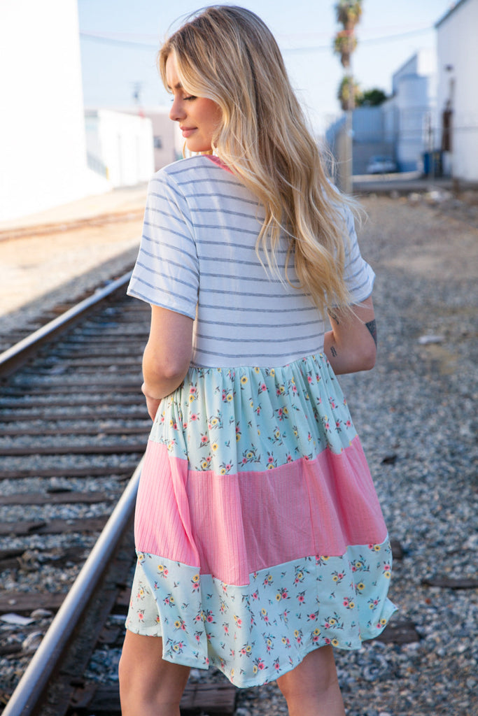 Floral and Stripe Color Block Fit and Flare Rib Dress-Timber Brooke Boutique, Online Women's Fashion Boutique in Amarillo, Texas