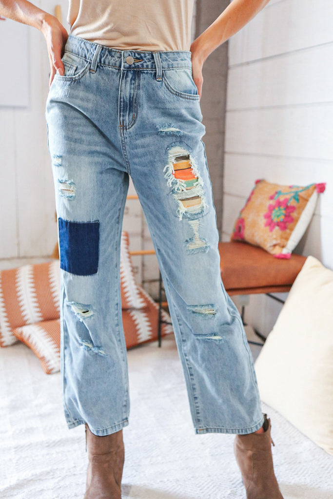 Cotton Washed High Waist Ripped Patchwork Straight Leg Jeans-Timber Brooke Boutique, Online Women's Fashion Boutique in Amarillo, Texas