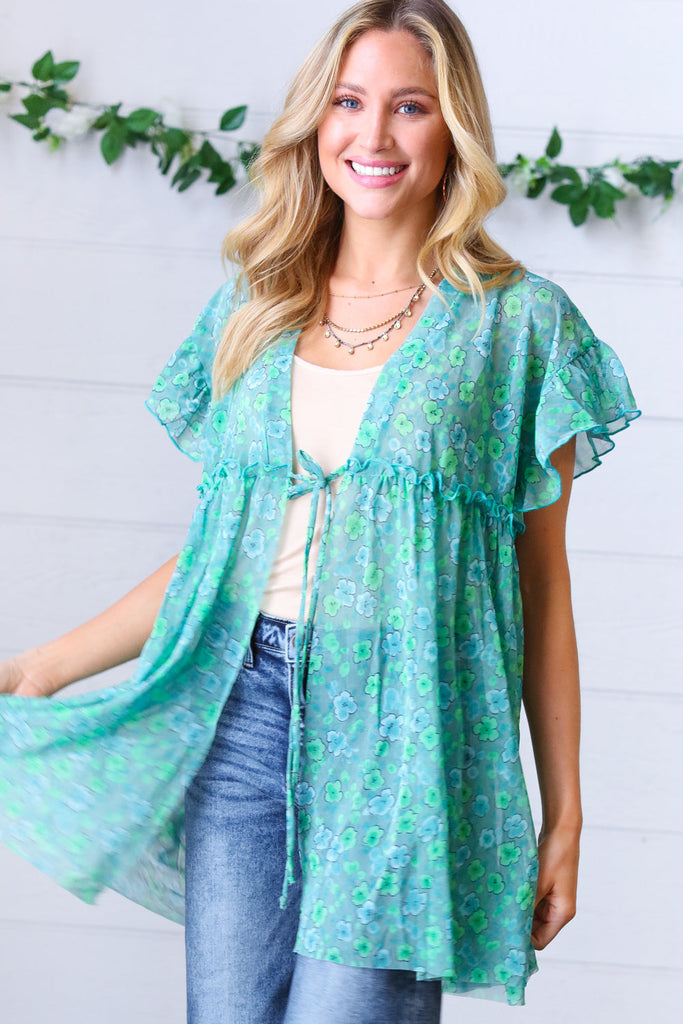 Jade & Light Blue Floral Sheer Tie Top-Timber Brooke Boutique, Online Women's Fashion Boutique in Amarillo, Texas