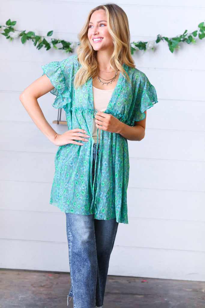 Jade & Light Blue Floral Sheer Tie Top-Timber Brooke Boutique, Online Women's Fashion Boutique in Amarillo, Texas