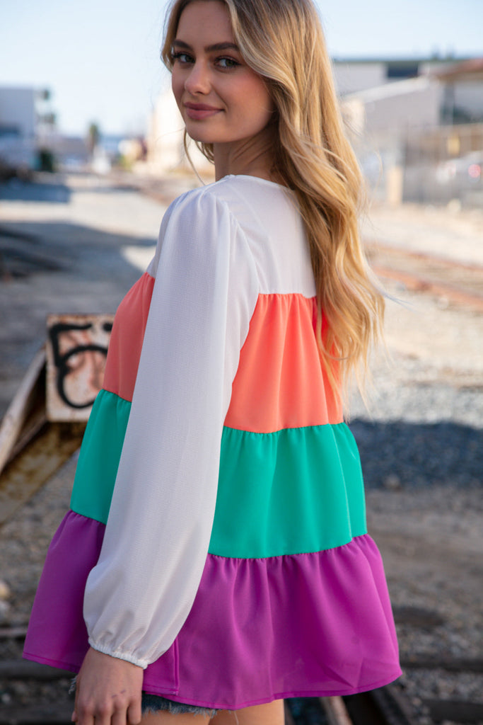 Ivory & Peach Woven Crepe Tiered Blouse-Timber Brooke Boutique, Online Women's Fashion Boutique in Amarillo, Texas