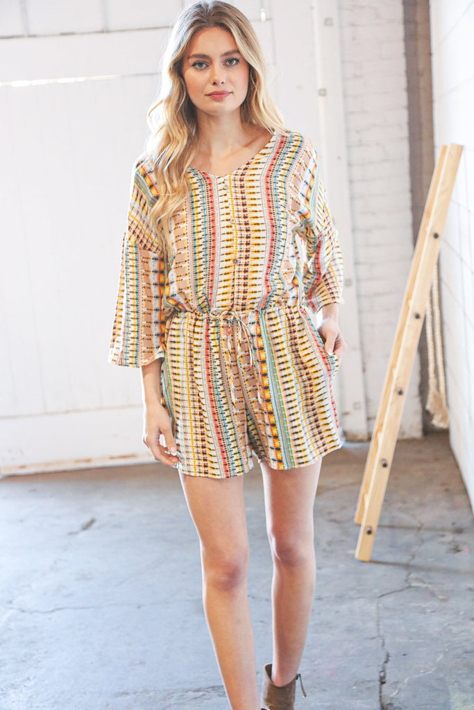 Taupe Rayon Challis Ethnic Back Keyhole Pocketed Romper-Long Sleeve Tops-Timber Brooke Boutique, Online Women's Fashion Boutique in Amarillo, Texas