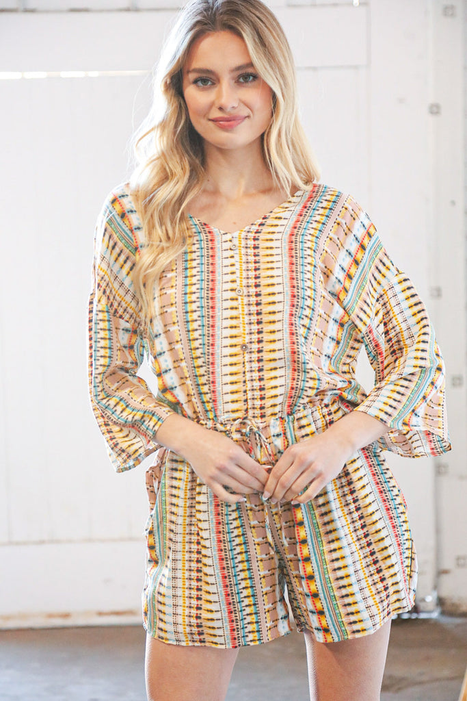 Taupe Rayon Challis Ethnic Back Keyhole Pocketed Romper-Long Sleeve Tops-Timber Brooke Boutique, Online Women's Fashion Boutique in Amarillo, Texas