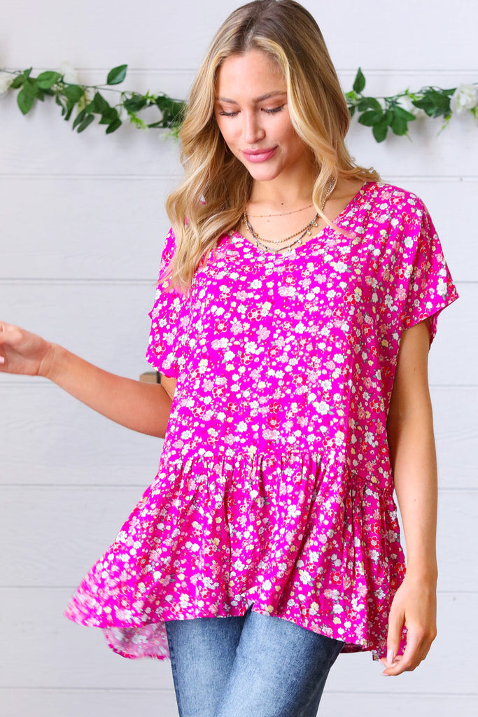 Fuchsia Floral Babydoll Woven Challis Top-Short Sleeve Top-Timber Brooke Boutique, Online Women's Fashion Boutique in Amarillo, Texas
