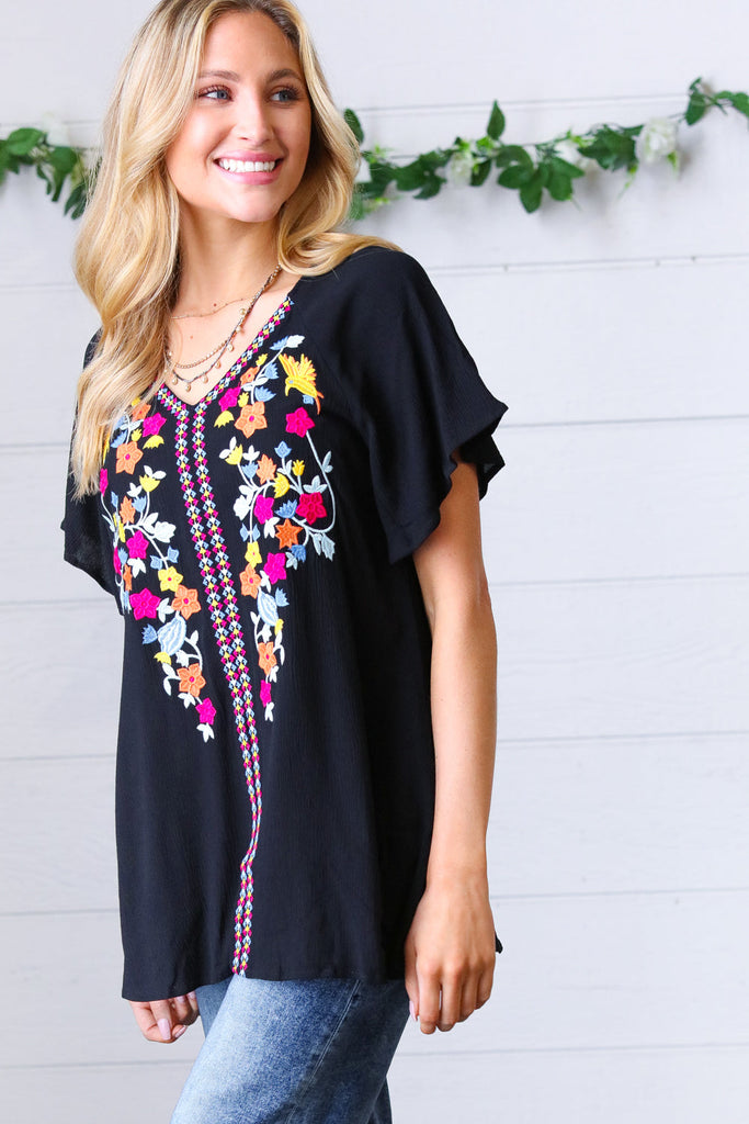 Black Floral Embroidered Flutter Sleeve Top-Short Sleeve Top-Timber Brooke Boutique, Online Women's Fashion Boutique in Amarillo, Texas