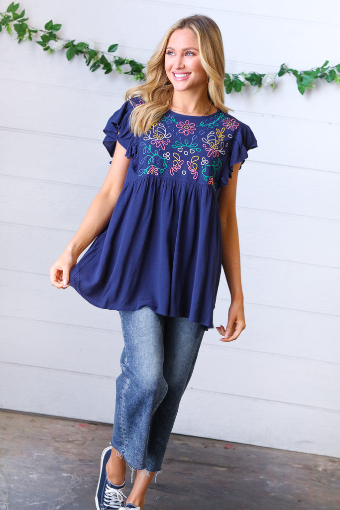 Navy Floral Embroidered Flutter Sleeve Top-Timber Brooke Boutique, Online Women's Fashion Boutique in Amarillo, Texas