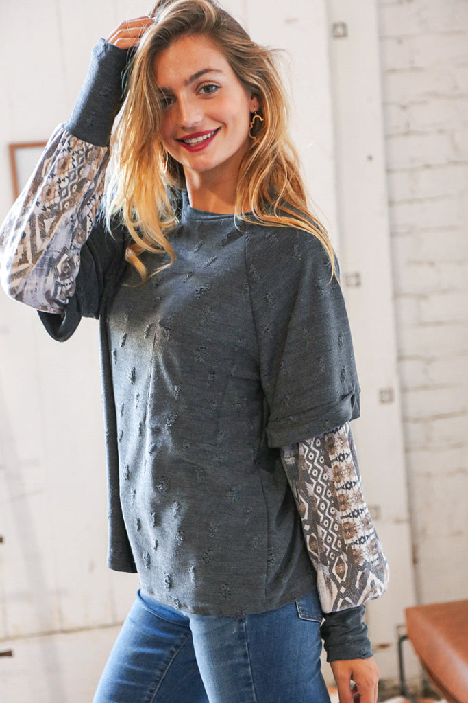 Grey Distressed Twofer Ethnic Thumbhole Top-Timber Brooke Boutique, Online Women's Fashion Boutique in Amarillo, Texas