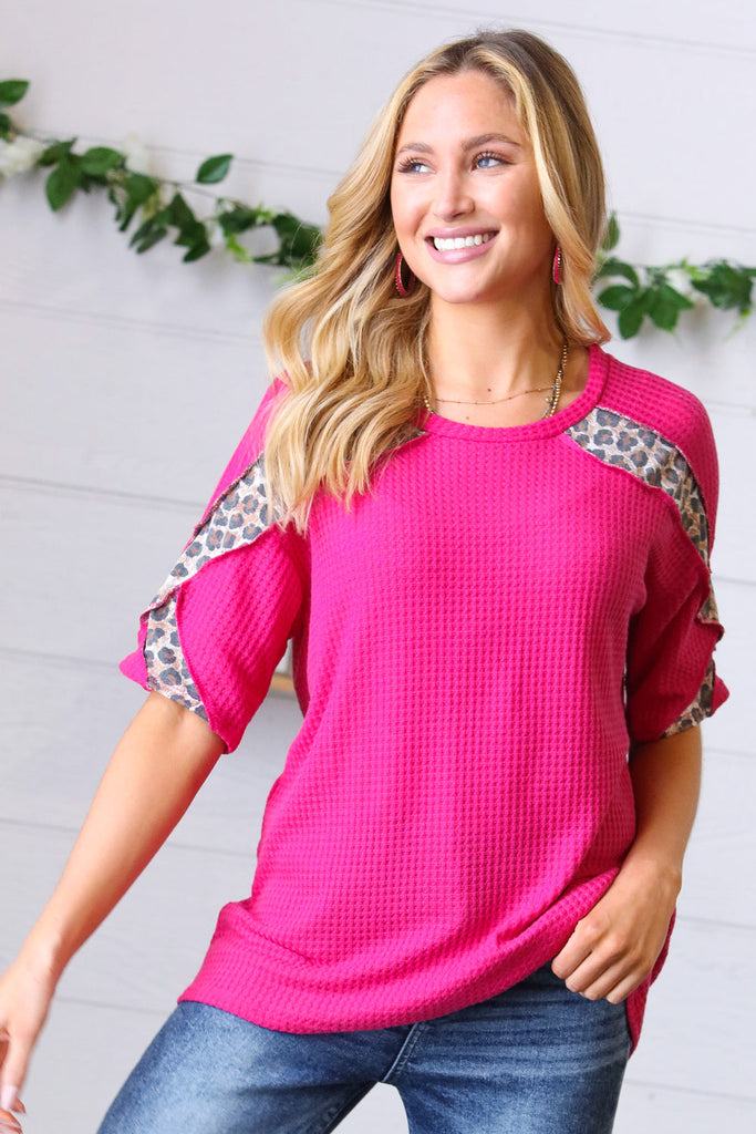 French Rose Waffle Leopard Cross Detail Reverse Stitch Top-Timber Brooke Boutique, Online Women's Fashion Boutique in Amarillo, Texas