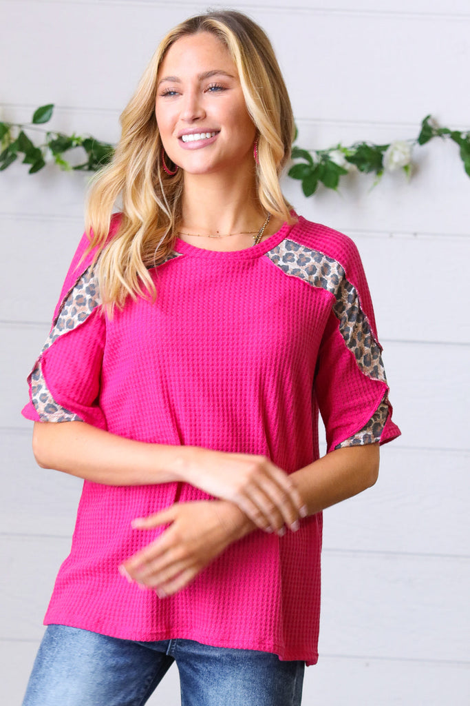 French Rose Waffle Leopard Cross Detail Reverse Stitch Top-Timber Brooke Boutique, Online Women's Fashion Boutique in Amarillo, Texas