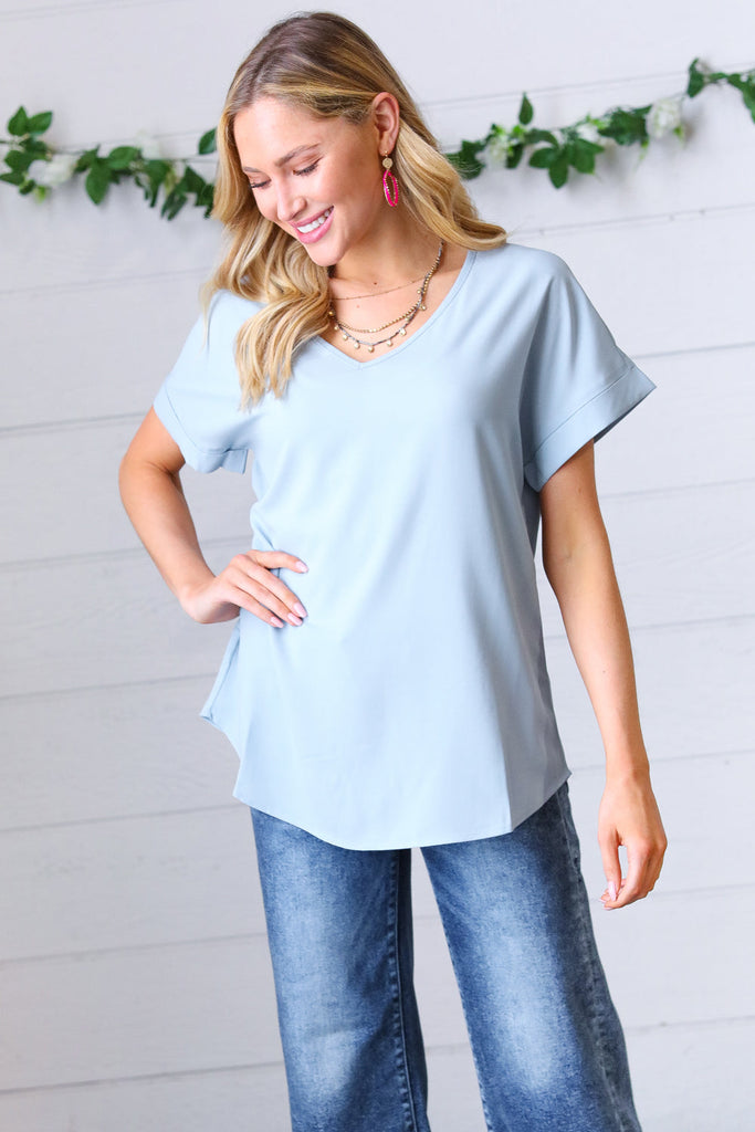 Ash Blue Wool Dobby Rolled Sleeve V Neck Top-Timber Brooke Boutique, Online Women's Fashion Boutique in Amarillo, Texas
