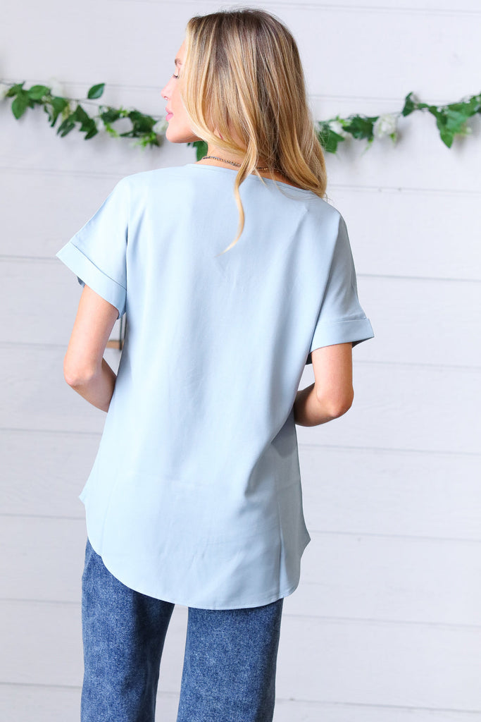 Ash Blue Wool Dobby Rolled Sleeve V Neck Top-Timber Brooke Boutique, Online Women's Fashion Boutique in Amarillo, Texas
