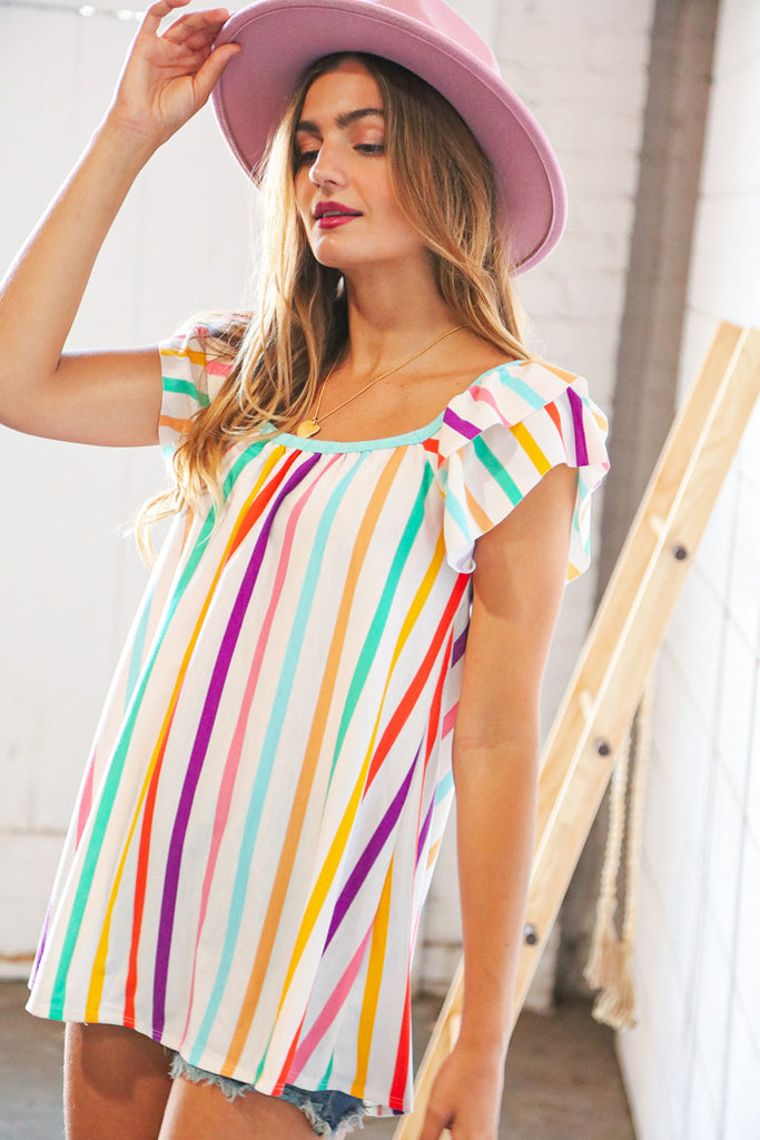 Multicolor Vertical Stripe Ruffle Frill Sleeve Top-Short Sleeve Top-Timber Brooke Boutique, Online Women's Fashion Boutique in Amarillo, Texas