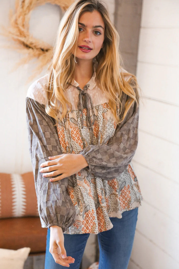 Taupe Paisley Print Houndstooth Mock Neck Top-Timber Brooke Boutique, Online Women's Fashion Boutique in Amarillo, Texas