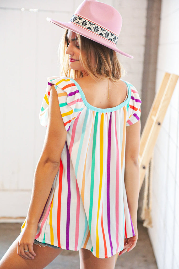 Multicolor Vertical Stripe Ruffle Frill Sleeve Top-Short Sleeve Top-Timber Brooke Boutique, Online Women's Fashion Boutique in Amarillo, Texas