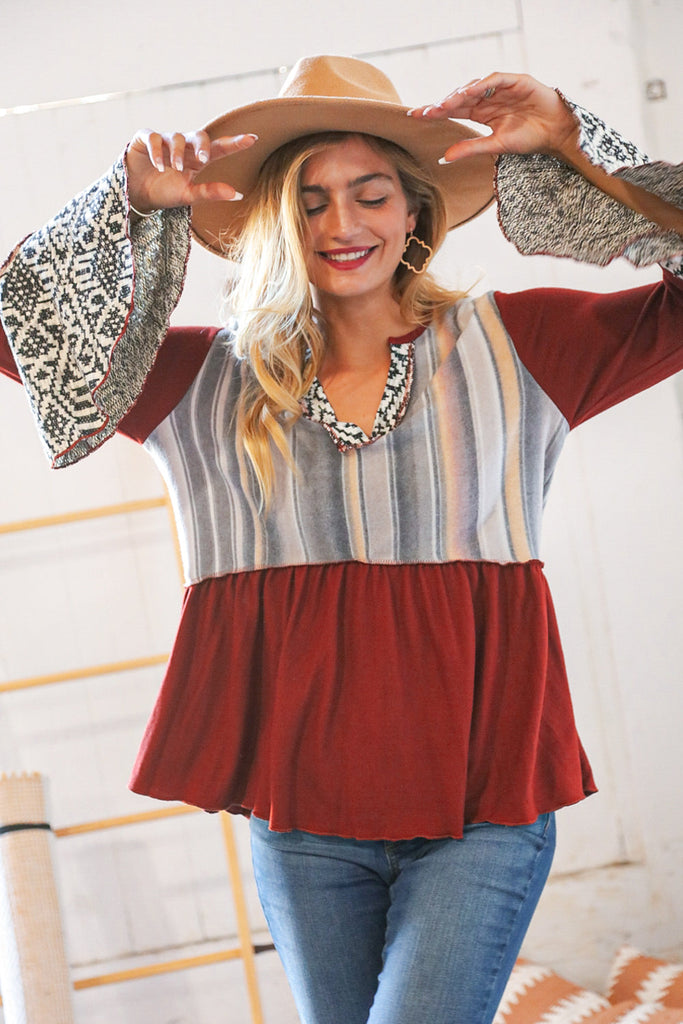 Berry Hacci Aztec Multistripe Outseam Bell Sleeve Top-Timber Brooke Boutique, Online Women's Fashion Boutique in Amarillo, Texas