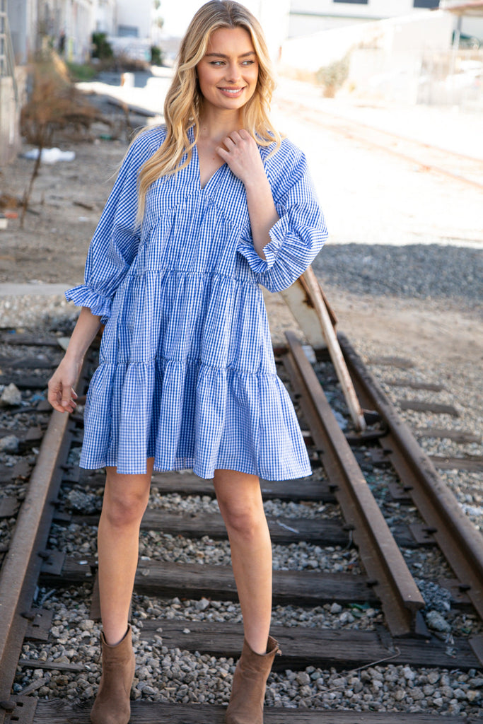 Blue Checkered Cotton Poplin Ruffle Sleeve Woven Dress-Timber Brooke Boutique, Online Women's Fashion Boutique in Amarillo, Texas