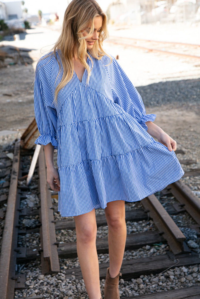 Blue Checkered Cotton Poplin Ruffle Sleeve Woven Dress-Timber Brooke Boutique, Online Women's Fashion Boutique in Amarillo, Texas