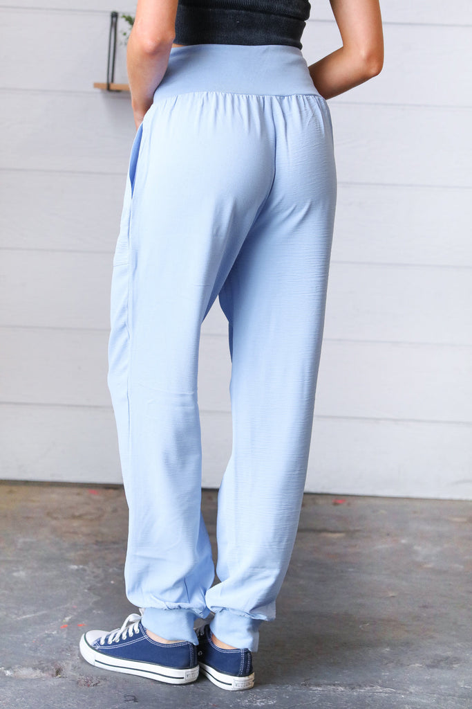 Spring Blue Woven Airflow Wide Waistband Jogger-Joggers-Timber Brooke Boutique, Online Women's Fashion Boutique in Amarillo, Texas