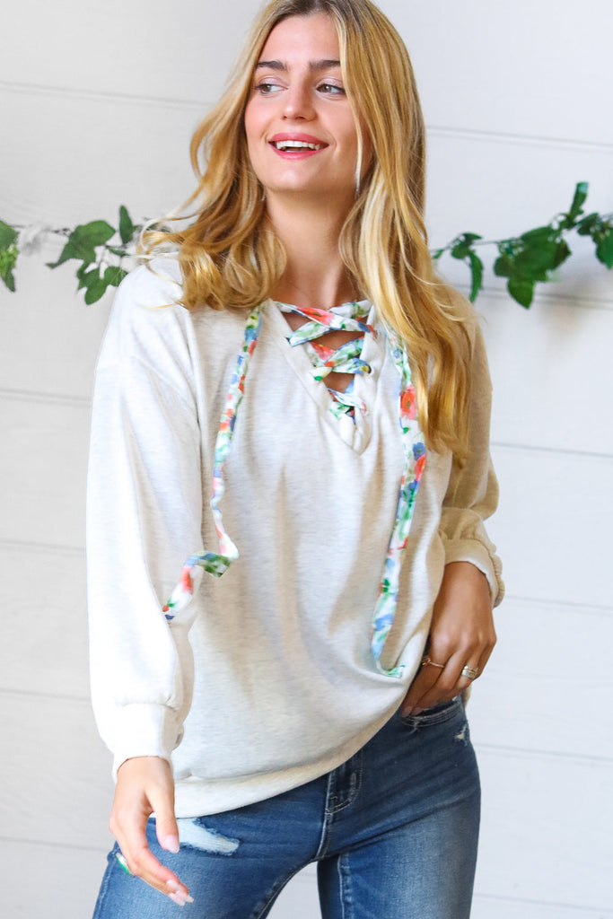 Cream Cotton Terry Floral Print Lace Up Pullover-Timber Brooke Boutique, Online Women's Fashion Boutique in Amarillo, Texas